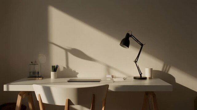 A modern workspace with a desk lamp shines on a clean white table and chair in a room.