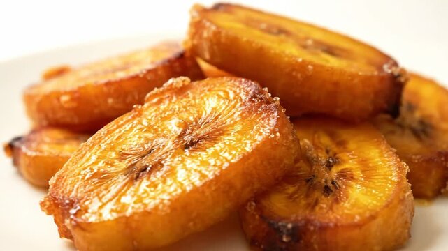 Close-up of pl��tano maduro, sweet fried ripe plantain slices, a popular caramelized side dish or dessert in caribbean and latin american cuisine on a white backgr