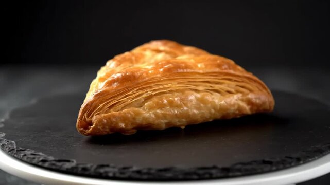 Golden layered puff pastry baked good slowly rotating on a dark slate serving plate with a dramatic black background.