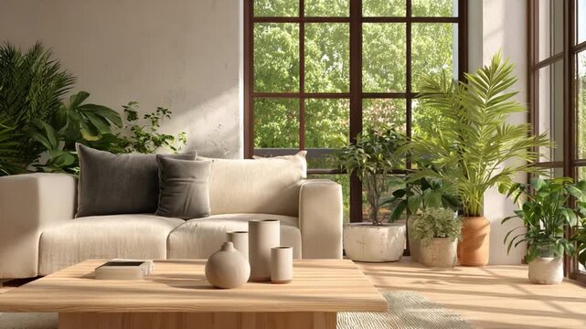 Serene Living: A cozy living room bathed in natural light, furnished with a neutral-toned sofa, a wooden coffee table, and an assortment of potted plants, creating a calming atmosphere. 