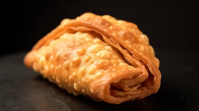 Close-up of crispy golden fried gujiya or samosa pastry on dark background, traditional indian sweet or savory snack.
