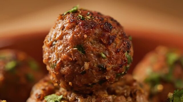 Close-up of a richly seasoned and perfectly browned meatball garnished with fresh herbs, showcasing the appetizing texture and culinary detail of homemade or restaurant quality food.