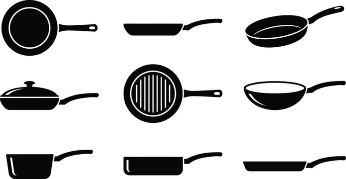 Variety of Black Silhouette Icons Depicting Different Types of Cooking Pans and Skillets frying pan