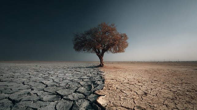 Lonely tree stands on cracked, dried earth.