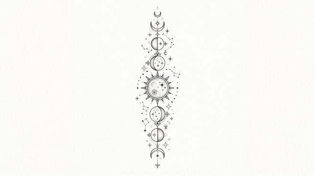Vertical moon phases tattoo, celestial symbols, fine line style, stars and dots, delicate black ink, mystical aesthetic, clean tattoo stencil look, white background