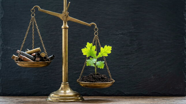 Balance scale weighing bullet casings versus green seedling on dark background, symbolizing peace, environment, and life's value.