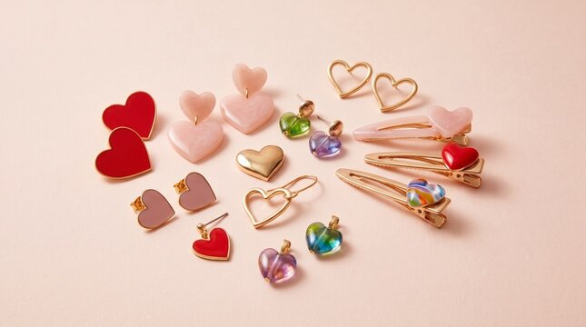 Colorful heart shaped resin earrings and decorative hair clips on a light peach background