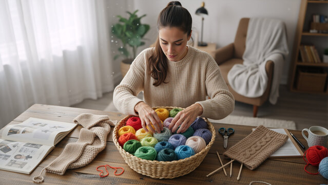 Young woman organizing colorful yarn in a woven basket at a wooden table. Female crafter preparing for a knitting project at home. Creative hobby and leisure time concept