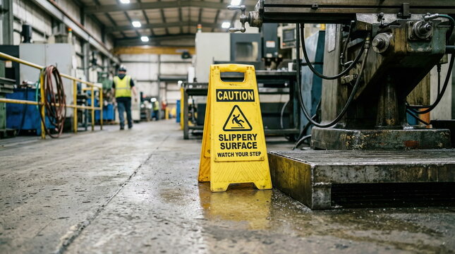 Slippery floor caution sign placed on wet industrial ground within factory environment, emphasizing occupational safety and hazard awareness.