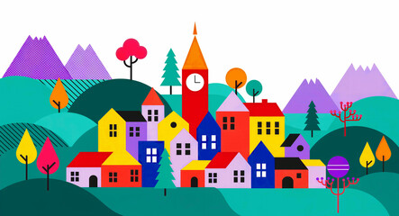 Fototapeta premium Colorful flat vector illustration of a town with a clock tower and geometric houses. Stylized mountains and trees surround the village. Modern landscape design ideal for travel and urban posters.