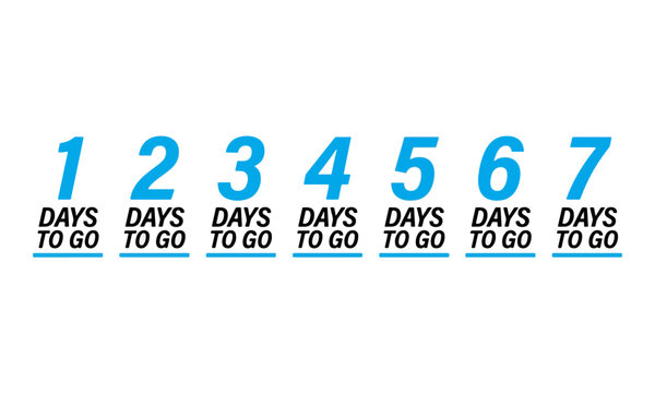 Blue Days To Go Countdown Numbers Set from 1 to 7 on White Background
