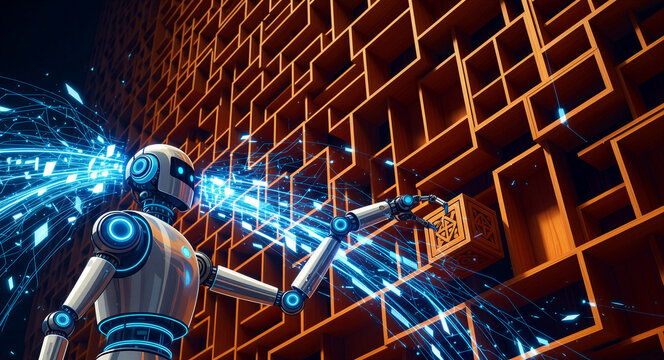 Humanoid robot interacting with a complex wooden grid structure. Android reaching for a cube within a modular storage system. AI automation concept, ideal for technology and logistics marketing.