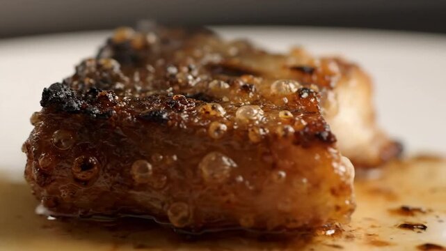Extreme macro shot of crispy skinned, caramelized piece of white fish or chicken meat, showing moist, flaky internal texture and drizzled with rich glaze or sauce.