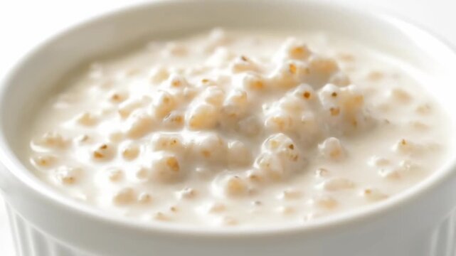 Close-up of creamy hot cereal porridge or dessert pudding served in a white ceramic bowl against a high-key background
