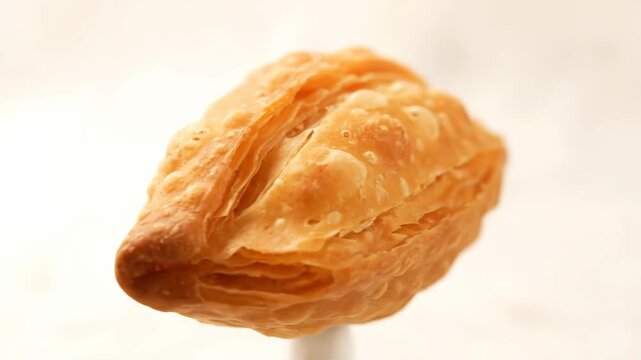 Deep-fried golden brown indian sweet snack gujiya or karanji on white background, traditional festive dessert pastry