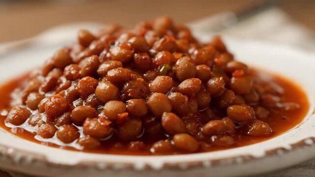 Close-up of hot, hearty baked beans served in a rich red tomato sauce on a rustic white plate, ready to be eaten.