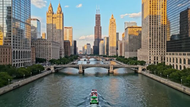 A scenic view of the Chicago River with the iconic Kinzie Street Bridge raised, showcasing the city's impressive skyline and a passing river boat.