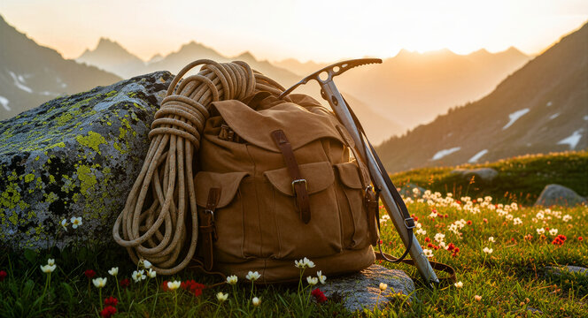 Vintage canvas backpack with climbing rope and ice axe in a mountain meadow. Mountaineering gear resting among wildflowers against alpine peaks at sunset. Adventure and exploration concept.