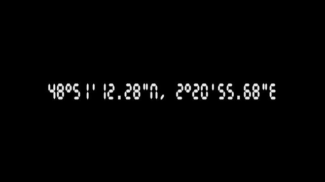 Text animation Paris city coordinate location point longitude and latitude digital watch font style text flip 4k ratio, action film like assets, suitable for video asset, overlay, promotion video.