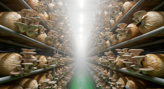 Oyster mushrooms growing on substrate bags in a modern indoor farm. Rows of industrial shelving with cultures under controlled conditions. Fungi cultivation concept for agritech and food industry.