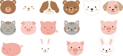 Obraz premium Set of cute animal faces including bears dogs cats pigs and rabbits