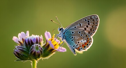 Close up of a small blue butterfly resting on a delicate wildflower in a sunlit meadow