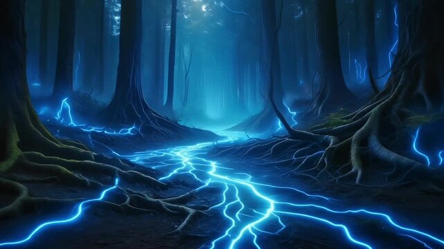 Glowing Blue Energy Stream Flowing Through Dark Mystic Forest
