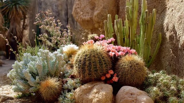 Desert Botanical Oasis: Captivating scene showcases an arid yet vibrant world of cacti and succulents.  Golden sunlight gently caresses the landscape.