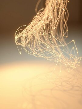 Symbolic representation of code structure, depicted as fine, illuminated threads weaving a complex pattern on a bright, clean surface, high angle,  minimalist,  complex