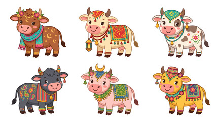 Obraz premium Adorable cartoon calves adorned with vibrant cultural patterns, celebrating a joyful festive season, embodying tradition and playful spirit in a delightful collection