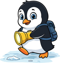Obraz premium Little Penguin Explorer Character with Flashlight and Backpack Vector