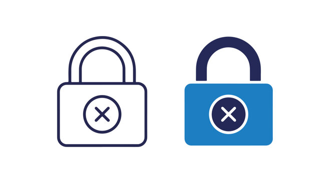 Padlock with cross security error - Minimalist, flat icon, outline, glyph, linear, clipart, sticker - icon set