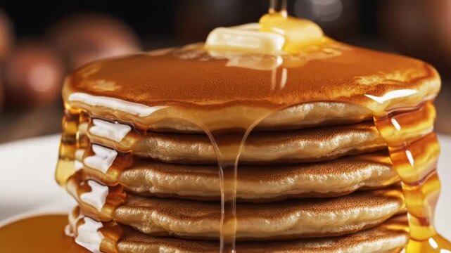 A stack of golden-brown pancakes is drizzled with maple syrup and topped with a pat of butter, creating a tempting breakfast scene.