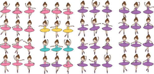 Cute little ballerina girl vector set featuring hand drawn dancers in pink and purple tutus for nursery art, children's invitations, and graceful dance illustrations © Bokul