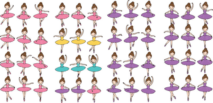 Cute little ballerina girl vector set featuring hand drawn dancers in pink and purple tutus for nursery art, children's invitations, and graceful dance illustrations