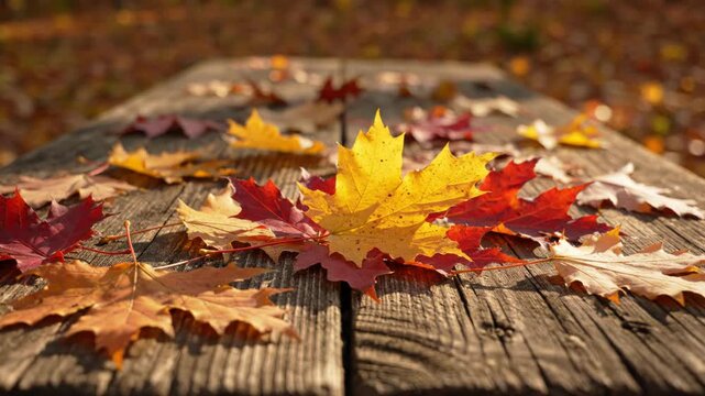 A shallow depth of field photograph showcases a rustic wooden bench scattered with vibrant autumn leaves in warm, golden sunlight.