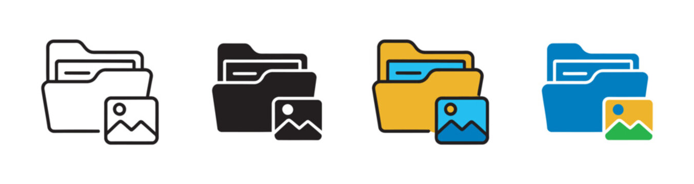 File folder with photo thumbnail icon set, digital image gallery storage and media file management vector symbols