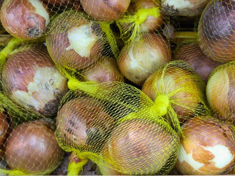 Onions in yellow mesh produce bags.