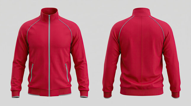 Red sports jacket with zipper closure.