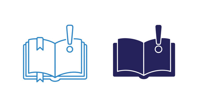 Open book with exclamation mark icon - Minimalist, flat icon, outline, glyph, linear, clipart, sticker - icon set