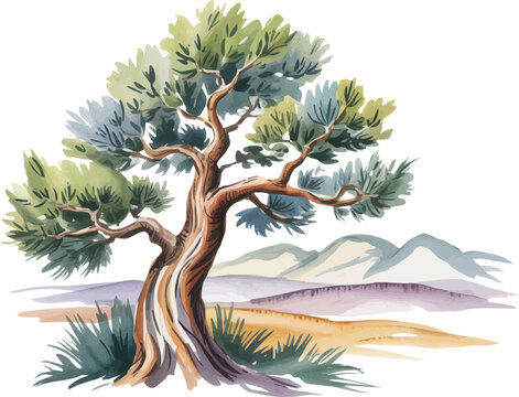 Watercolor A Juniper Tree landscape vector illustration isolated on white background