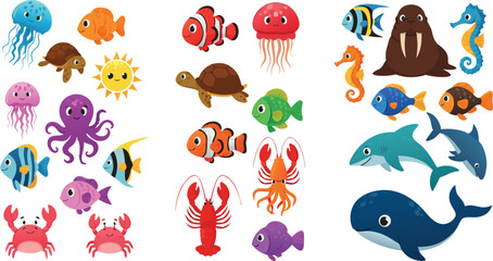 Cute cartoon ocean animals collection featuring whale dolphin octopus jellyfish fish turtle lobster and walrus, colorful marine life vector illustration set for kids design © Bokul