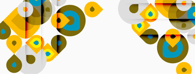 Fototapeta premium Abstract geometric shapes overlap, creating vibrant composition. Circles, squares, triangles form modern design. Colors include yellow, blue, olive.