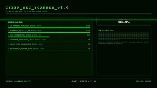 Cyber Security Scanner Interface with IP Traffic Analysis and Firewall Protocol Audit Secure Network Metadata Flow Animation.