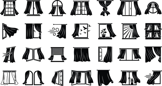 Eine Sammlung von stilisierten Schwarz-Wei&szlig;-Symbolen, die verschiedene Arten von Fenstern und Vorh&auml;ngen darstellen, mit Elementen wie Wind und V&ouml;geln.