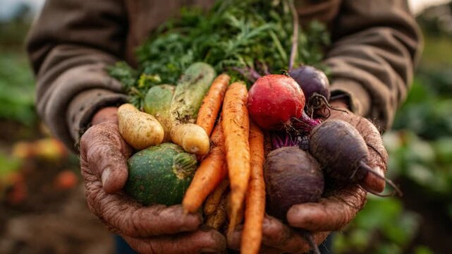 Hands Full of Harvest's Bounty: A farmer's weathered hands cradle a vibrant array of freshly harvested vegetables, showcasing the peak of nature's nourishment.