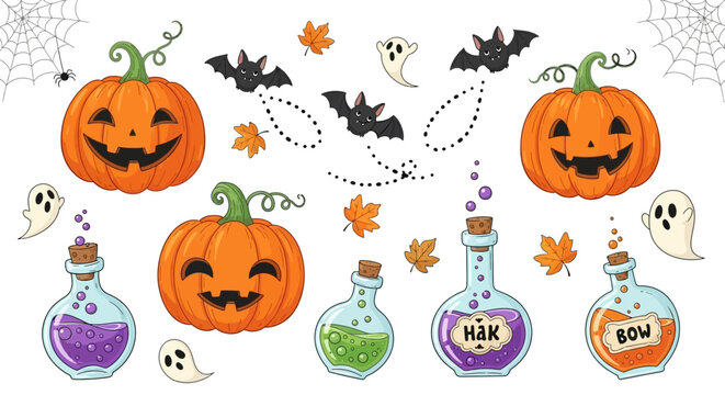 Fun Halloween Cartoon Icons Pattern with Jack-o'-Lanterns, Flying Bats, Cute Ghosts, and Potion Bottles on Isolated White Background