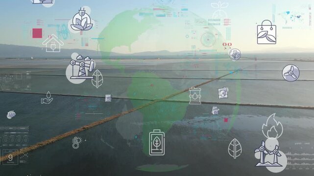 Aerial Coastal Flats With Sustainability Icons And Mapping Graphics, Wide Horizon And Calm Waters Framed