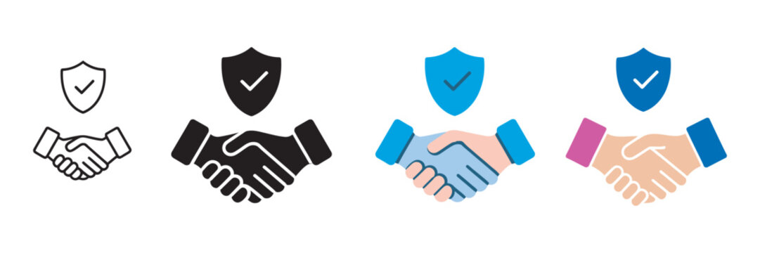 Secure business partnership agreement icon set, showcasing trust protection verified deal completion reliable service insured transactions cooperation vector illustration design
