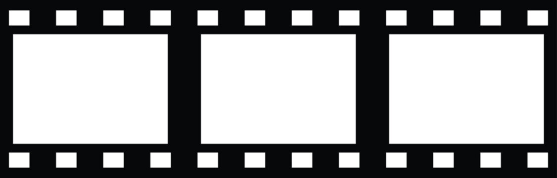 Minimalist flat vector icon of a classic film strip with three frames. Clean black silhouette for cinema, movie production, photography, and multimedia entertainment design.